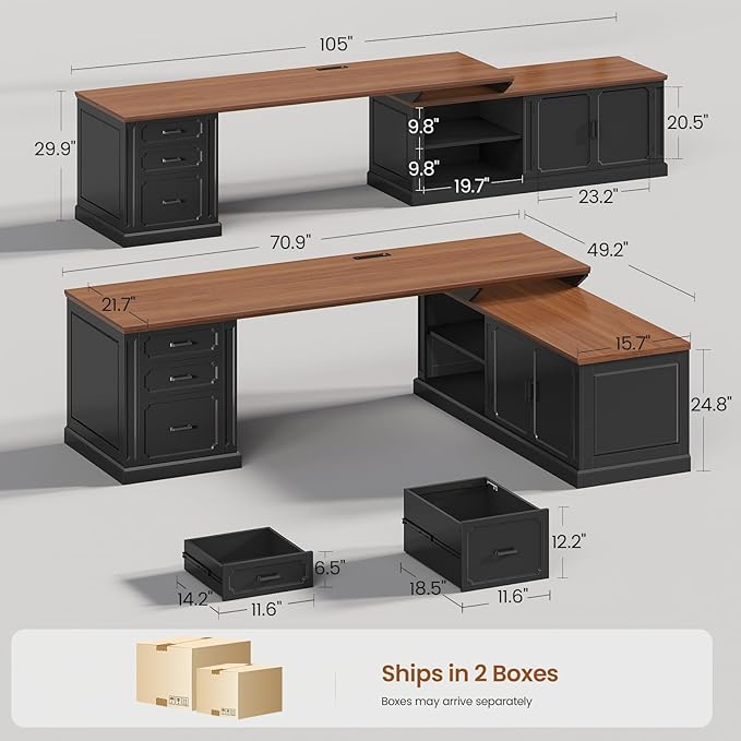 SEDETA Farmhouse L Shaped Desk with Drawers 70.9 Home Office Desk with Storage Cabinet and Storage Shelves L Shaped Computer Desk with Power OutletBlack