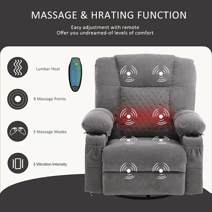 Swivel Rocker Recliner Chair with Massage Heat Overstuffed Fabric Recliners Oversize Lounge Chairs for Adults Manual Reclining Home Theater Single Sofa with Cup HoldersUSB Charge PortGrey