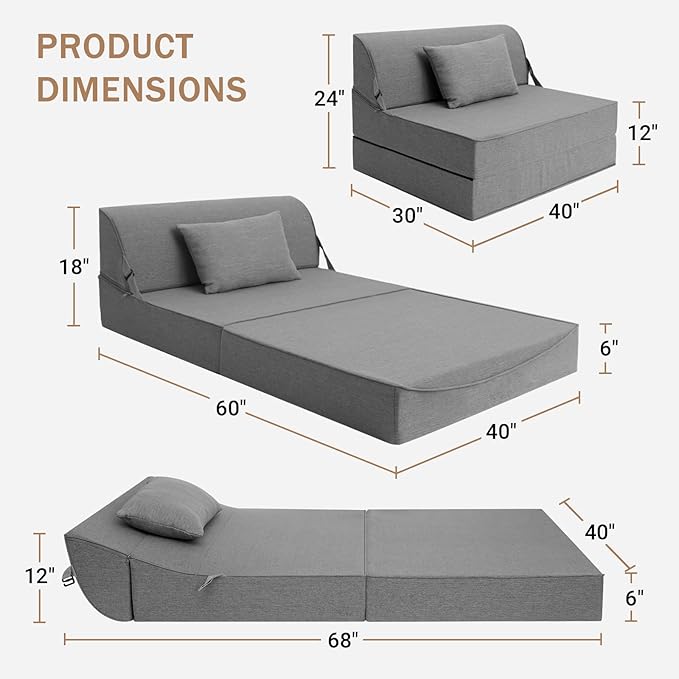 BeBen Folding Sofa Bed Chair Convertible Sleeper Chair Futon Couch Foldable Boneless Floor Lounger Sofa Twin Foam Chair Bed for Small Spaces Dorm Guest Room Living Room Apartment Grey