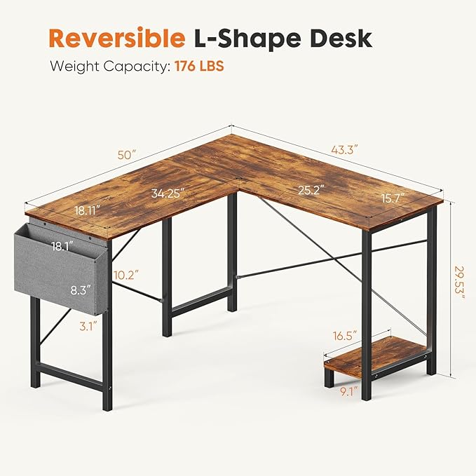 Sweetcrispy L Shaped Desk Computer Gaming Corner Table 51 Inch Home Office Writing Student Work PC Workstation with Side Storage Bag CPU Stand for Bedroom Small Spaces