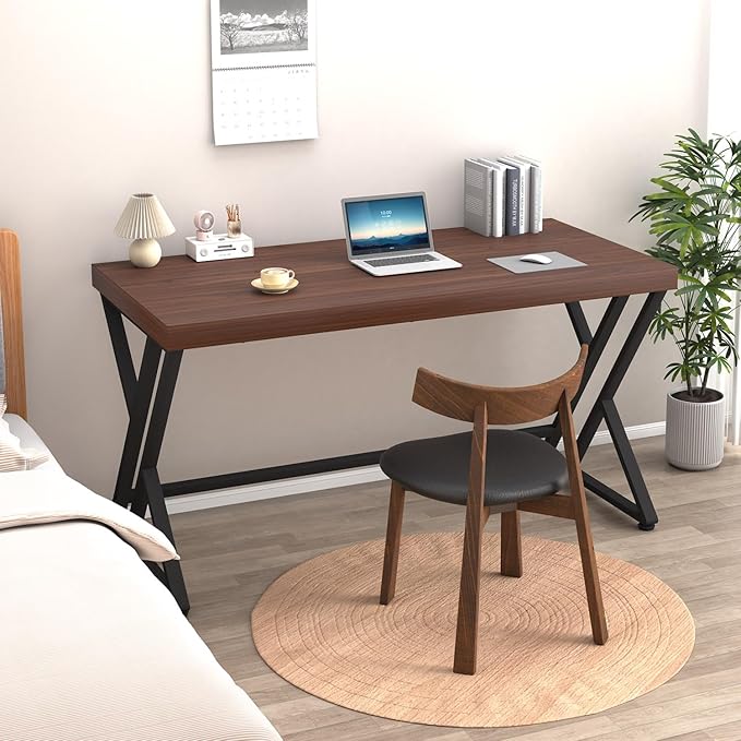 LVB Wood Computer Desk Rustic Executive Home Office Desk for Bedroom Industrial Metal Wooden Computer Table for Study Writing Work Modern PC Student Simple Gaming Desk with Storage 55 Inch Walnut
