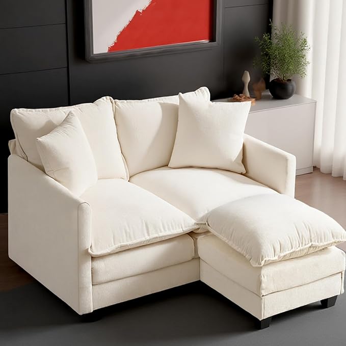 50 Loveseat Sofa with Ottoman| Chenille L Shape Love Seat Couch with 2 Pillows | 27.16 Deep Seat for Small Spaces Bedroom Dorm Apartment | Beige