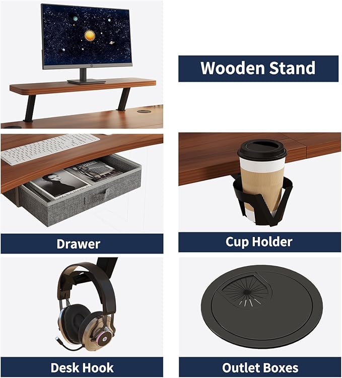 Dual Motor Standing Desk with Drawer 63x30 Inches Electric Height Adjustable Sit Stand Up Desk with Storage Shelf Home Office Desk Computer Workstation with Walnut Top/Black Frame