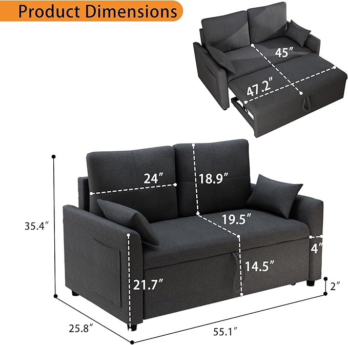 Pull Out loveseat Sleeper：55 Grey Sleeper Sofa Bed Couch for Living Room 2 in 1 Love seat Convertible Sofa Bed Couch pullout sofabed Comfortable(55.1 Sofa Bed)
