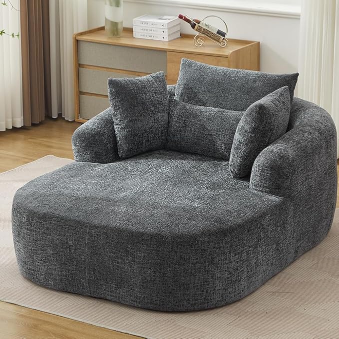 Oversized Chaise Longue Chair Indoor Modern Upholstered Chenille Deep Seat Sofa Bed with Throw Pillows and Armrests Sleeper Sofa Couch for Living Room Bedroom Apartment (Grey)