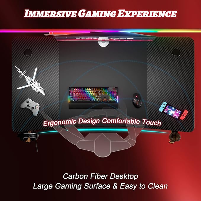 HLDIRECT 47 Inch Gaming Desk Large Computer Gaming Desk Table with Cable Management Ergonomic Carbon Fiber Gamer Table Pc Work Home Office Desks with Cup Holder &amp Headphone Hook &amp Mouse Pad