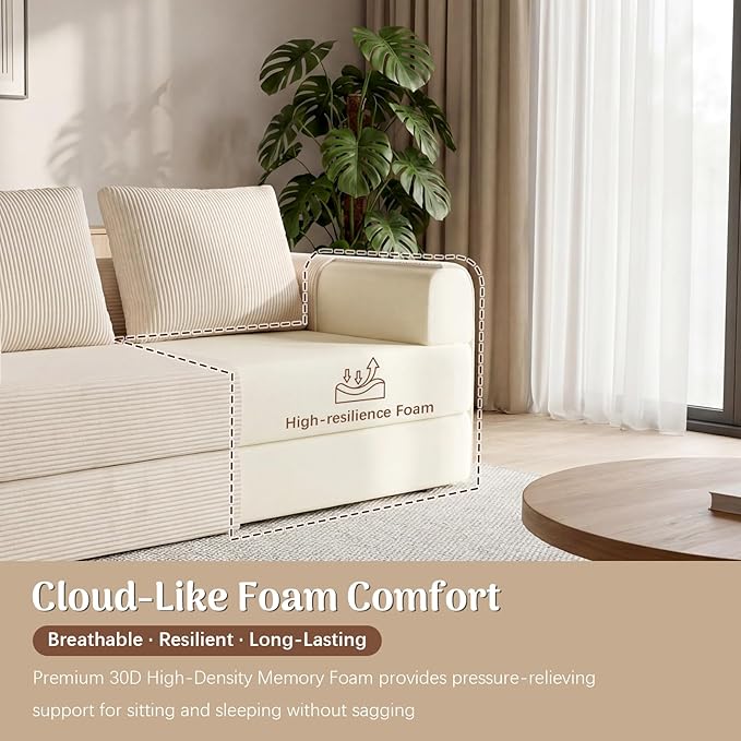 Redlife 78 Folding Sofa Bed with Ottoman Modular Loveseat Sleeper Couch Convertible Floor Sofa Corduroy Fabric Wide Armrests 28.3 Deep Seat Removable Covers &amp Side Pocket No Assembly Bei