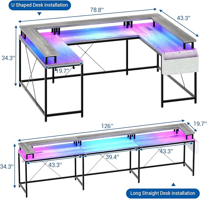 Garvee 79 Inch u Shaped Computer DeskLarge Gaming Desk with Power Outlets &amp LED LightsReversible l Shaped Desk for Home Office Work and GamingGray