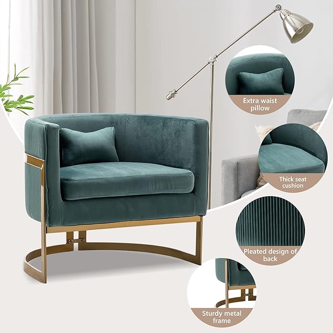 Velvet Accent Chair Modern Upholstered Arm Chair for Living Room Bedroom Sofa Side Chair Velvet Barrel Chair with Gold Legs Lake Blue