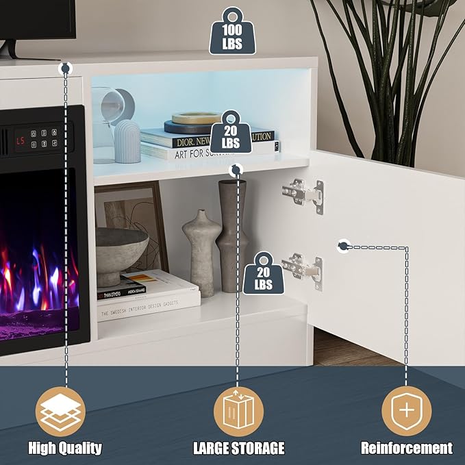 VITESSE Fireplace with TV Stand 36 inch Electric Fireplace Up to 80 TVs LED Light Entertainment Center 70 Modern Wood High Gloss with Highlight Storage Cabinet for Living Room (White)