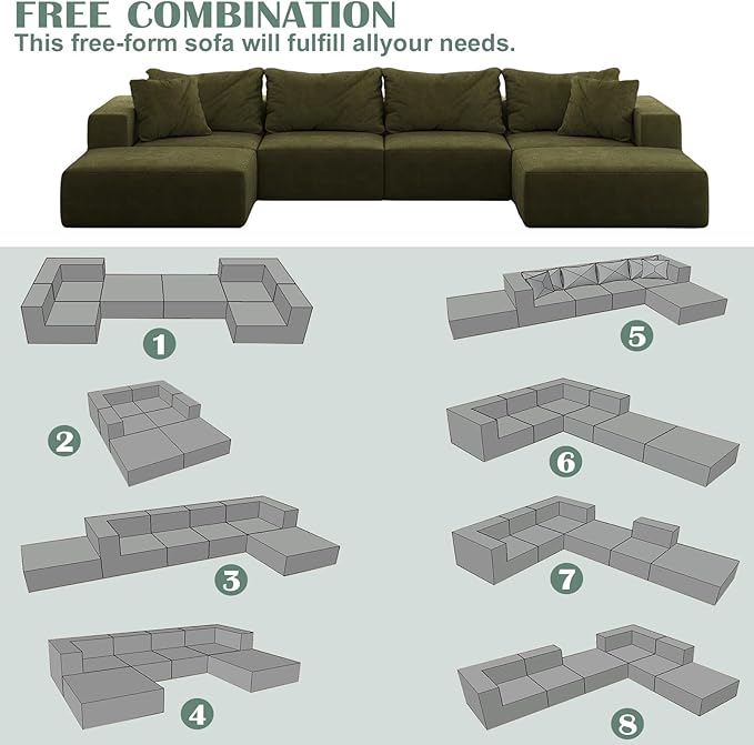 197” Modular L-Shaped Sectional Sofa Cloud Chenille Couch with 6 Pillows No-Assembly Customizable Sofa for Living Room &amp Bedroom Green
