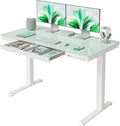 FEZIBO 48 × 24 Electric Standing Desk with Drawers Whole-Piece Glass Height Adjustable Desk with One-Piece Tabletop and USB Charging Ports One-Piece Quick Install Adjustable Sit Stand Desk White