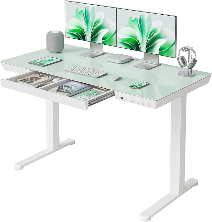 FEZIBO 48 × 24 Electric Standing Desk with Drawers Whole-Piece Glass Adjustable Height Desk One-Piece Quick Install Adjustable Sit Stand Desk White