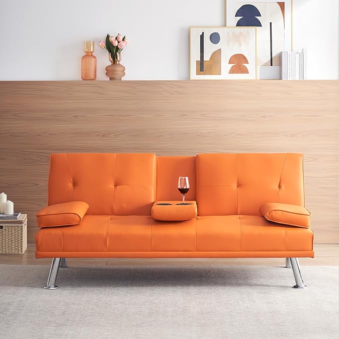 70 Futon Sofa BedMultifunctional Convertible Folding Futon Sofa Bed with Coffee Table 3 Adjustable Reclining Sleeper Sofa Small Leather Couch for Living Room/Bedroom Small Spaces (Orange)