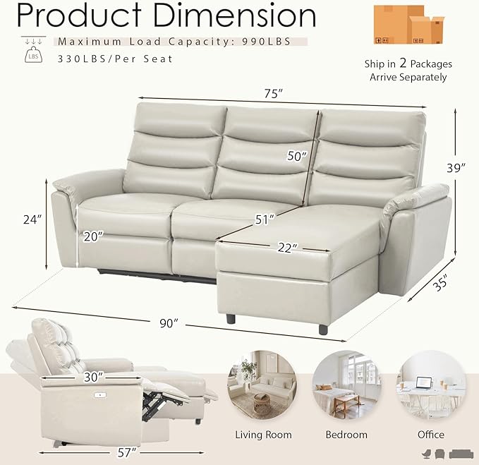 Esright Leather Power Reclining Sofa Set Reclining Sectional Couches with Storage Chaise Adjustable Backrest &amp Footrest L Shaped Pull Out Couch for Living Room Home Theater Apartment RV (Beige)