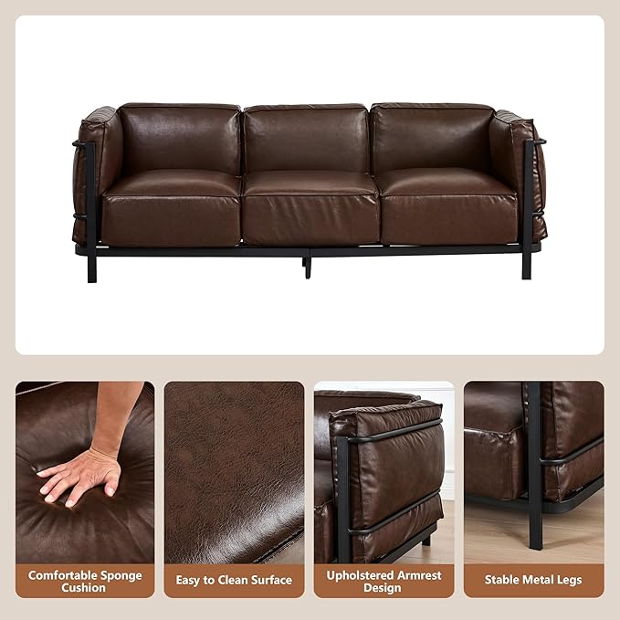 3 Piece Living Room Sofa set Mid-Century Modern Upholstered Couch Chair Faux Leather Sofa Couch with Iron Frame and Upholstered Armrest Backrest Cushion for Living Room Office Apartment (Brown)
