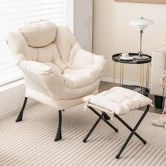 RELAX4LIFE Lazy Chair with Foldable Ottoman - Modern Lounge Accent Chair w/Armrests &amp Side Pocket Upholstered Leisure Sofa Armchair with Footrest for Reading Living Room Bedroom Dorm (Beige)