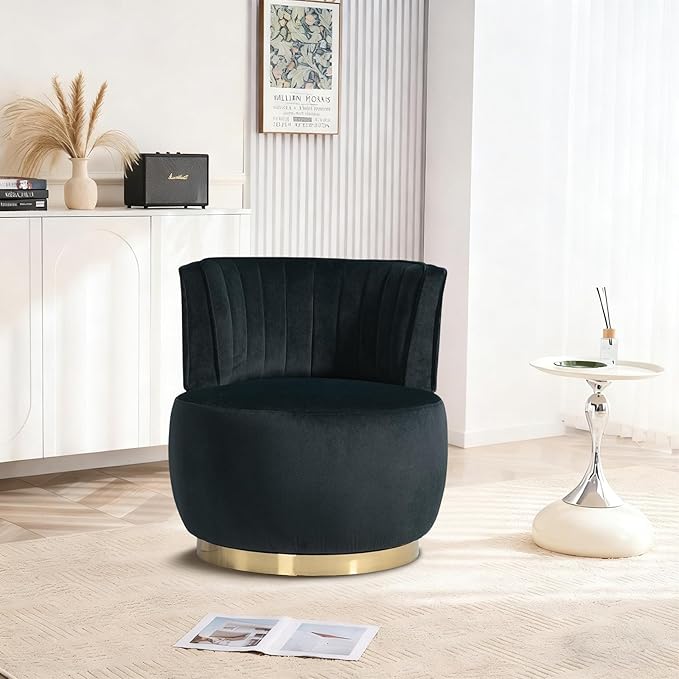 360 Degree Swivel Accent Chair Comfy Round Swivel Barrel Chair with Mental Base Upholstered Cozy Reading Armchairs Modern Lounge Sofa Chairs for Living Room Bedroom Club Office(Velvet Black)