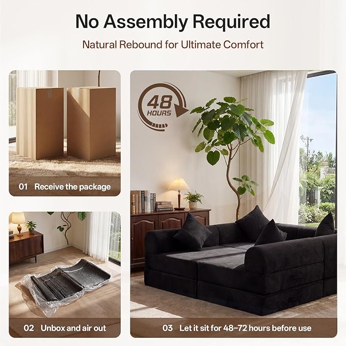 112.2 Modular Sectional Sofa 4-Seater All-Foam Boneless Cloud Couch Corduroy Foldable Convertible Sofa Bed Futon Sleeper Floor Sofa for Living Room No Assembly Required Black