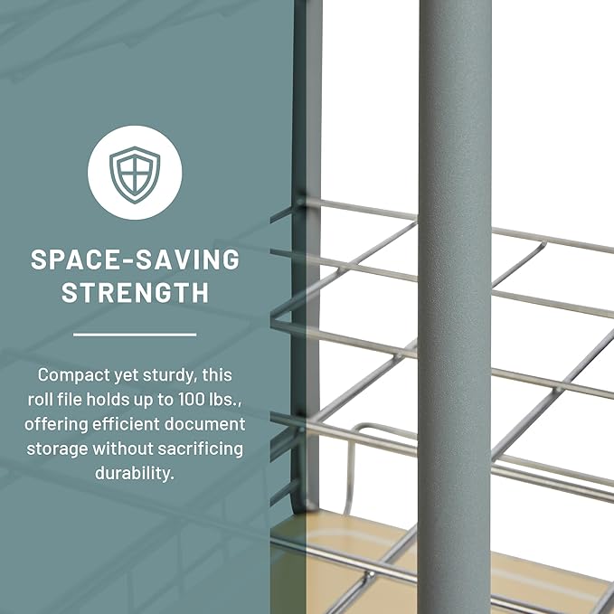 Pemberly Row Tubular Steel Wire Roll File 20 Compartments Chrome Plated Grids Light Gray Finish 18 3/8 W x 14.25 D x 23 3/8 H Twin Wheel Casters Lightweight Organizer for Drawings or Plans