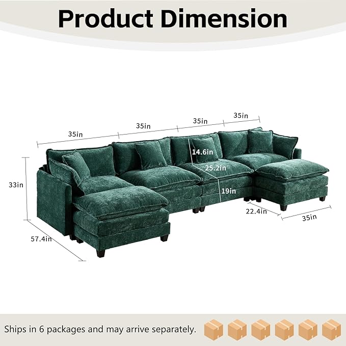 146.5 U Shaped Couch Modular Sectional Sofa Comfy Chenille Cloud Couch with Movable Ottoman and Pillow Modern 4-Seater Deep Seat Sofa for Living Room (Olive GreenU Shaped Sofa)