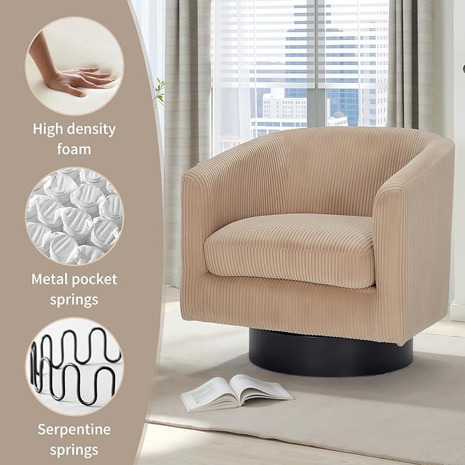 Swivel Accent Chair 360°Swivel Barrel Chair Comfy Upholstered Corduroy Club Armchair for Living Room Reading Room Bedroom (Light Brown)