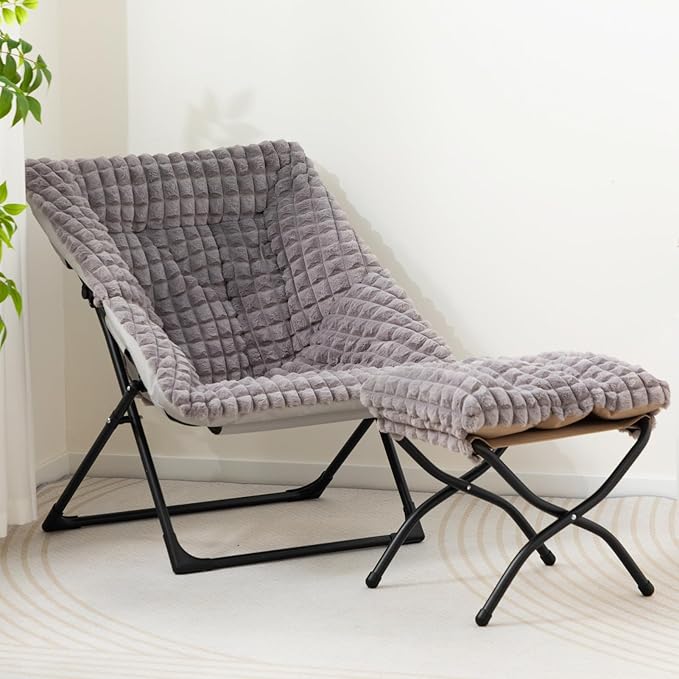 HollyHOME X-Large Saucer Chair with Foldable Ottoman Comfy Oversized Folding Chair and Folding Footrest Stool Set Faux-Fur Reading Chair and Footstool for Living Room Blue&ampGrey Chair&ampStool