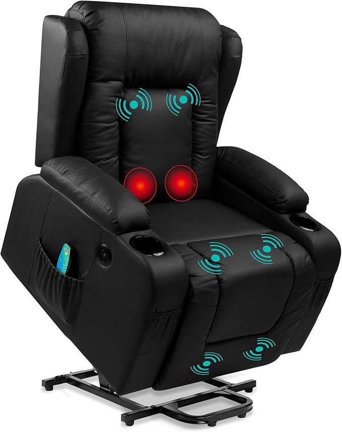 Best Choice Products PU Leather Electric Power Lift Chair Recliner Massage Chair Adjustable Furniture for Back Legs w/ 3 Positions USB Port Heat Cupholders Easy-to-Reach Side Button - Black