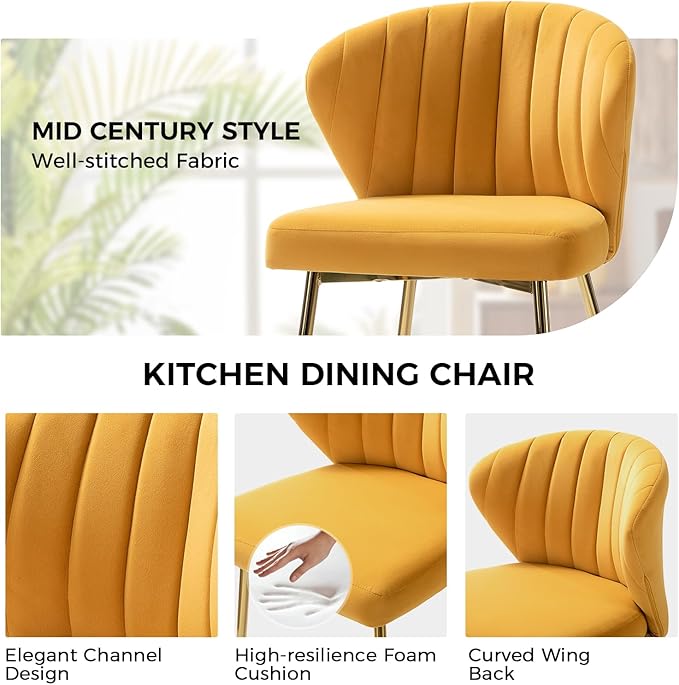 HULALA HOME Dining Chairs Set of 2 Velvet Upholstered Kitchen &amp Dining Room Chairs With Metal Legs Vanity Chair Armless Side Chairs for Living Room Bedroom Restaurant Channel Curved Backrest Mus