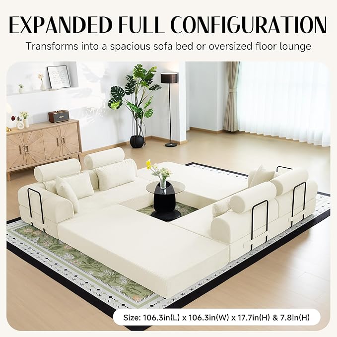 106 L-Shaped Modular Boneless Couch 2-Piece System (2×70.87) Convertible Sectional to 141.7 Straight Sofa Corduroy Couch in a Box Headrest &amp Back Pillows for Living Room Lvory