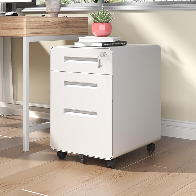 3 Drawer Wide Mobile Small File Cabinet with Lock Under All-Steel Metal Storage Cabinets on CastersDesk Storage Cabinet Organizer Filing Cabinets for Home Office Locking DrawersWhite