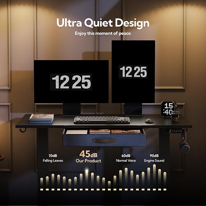 Seang Standing Desk with Drawer 48 x 24 Height Adjustable Stand Up Desk 3 Memory Height Settings with Cable Grommets &amp Storage Hooks Ideal for Home &amp Office Black