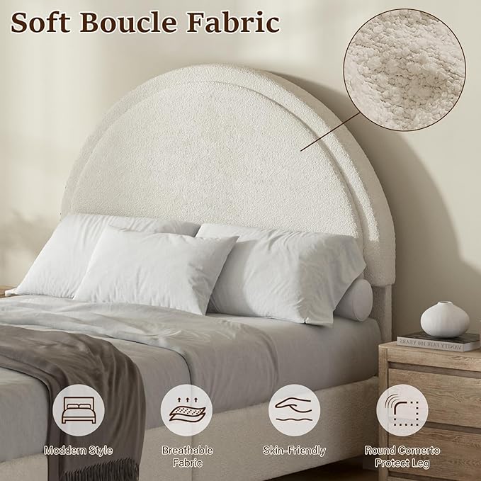 Twin Bed Frames with Round Headboard White Soft Upholstered Bed Frame Boucle Bed Frame for Kids Arch Shaped Modern Style No Box Spring Required Easy Assembly Light White