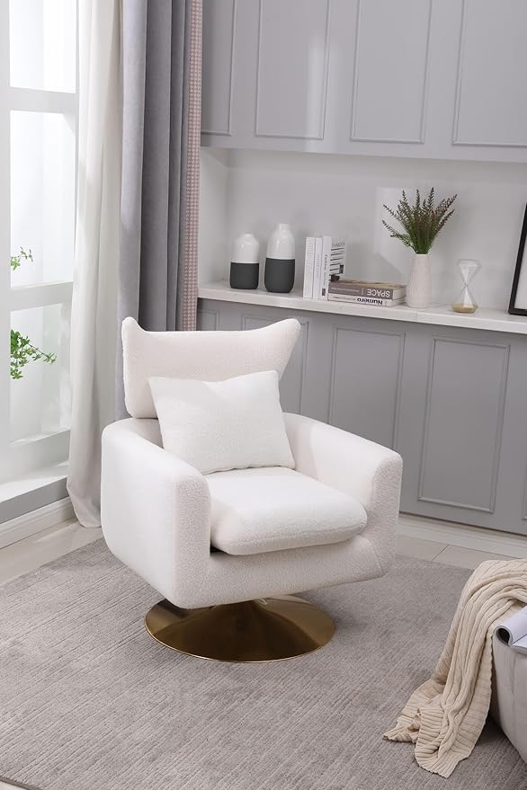 Swivel Accent Chairs for Living Room Mid Century Modern Accent Chair with Arms Comfy Side Chairs for Living Room with Gold Base &amp Lumbar Pillow Upholstered Armchair with Wingback (White)