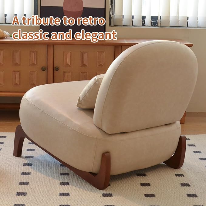 HAZO Cute Accent Chair with Solid Wood Legs Velvet Living Room Chair with Soft Cushion Cozy Bedroom Chair Comfy Armless Reading Chair for Apartment Waiting Room Balcony (Cream Leather)