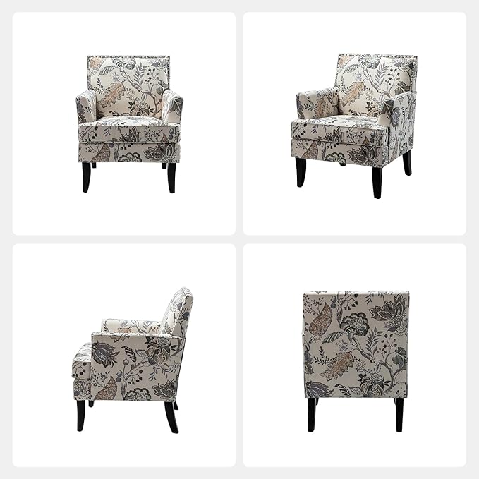 HULALA HOME Modern Accent Chair for Living Room Upholstered Fabric Single Sofa Chair Wingback Armchair with Wooden Legs for Bedroom Office Reading or Waiting Room Orange Grey Floral