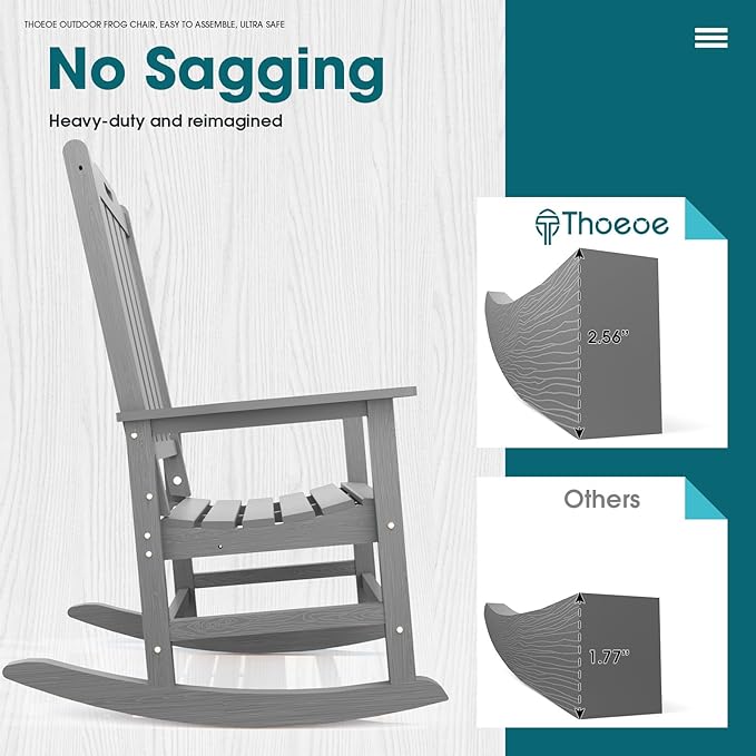 Oversized Rocking Chair Set of 2 Outdoor Rocking Chair for Adults All Weather Resistant Porch Rocker for Lawn Garden Grey