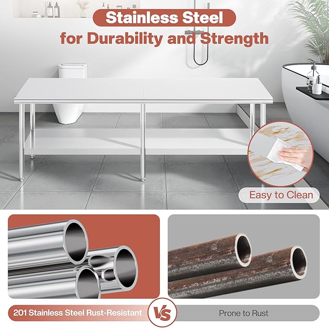 Jocisland 30 x 108 Stainless Steel Table for Prep &amp Work NSF Certified Adjustable Under Shelf and Feet for Commercial Kitchen Restaurant Hotel Garage