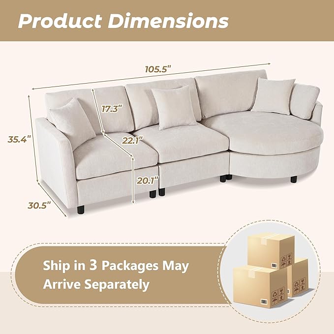 105 Chenille Fabric 3-Piece Sectional Sofa with Curved Chaise and 3 Throw Pillows 3-Seat Upholstered Couch with Solid Pine Wood Frame Perfect for Living Rooms Offices and Apartments (Beige-05)