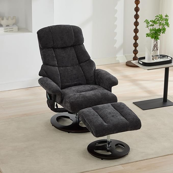 Ergonomic Recliner Chair with Ottoman for Adults 360° Swivel Massage Lounge Chair with 5-Point Vibration &amp Heated Seat140° Adjustable Chenille Recliner for Living Room Office (Dark Gray+Chenille