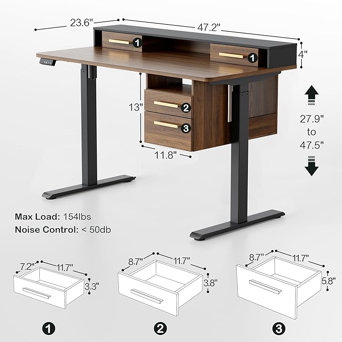 Electric Standing Desk with 4 Drawers 47.2 x 23.6 Inch Height Adjustable Whole Piece Sit Stand Desk Computer Home Office Workstation with Open Storage Shelf Black Walnut