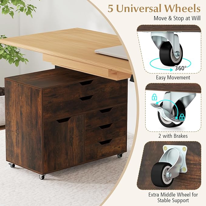 File Cabinet 5 Drawer Filing Cabinet with Door Mobile Storage Organizer Wooden Printer Stand on Wheels for Study Home Office Living Room (Rustic Brown)