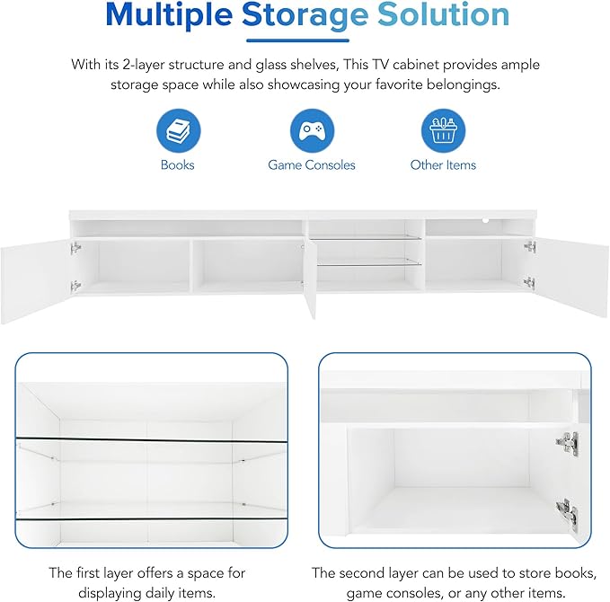 Merax Unique Design TV Stand with 2 Glass Shelves and LED Color Changing Lights Ample Storage Space Media Console for Television Up to 100 Versatile Cabinet for Living Room White