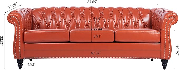 GDFStudio 85 Tufted Button Chesterfield Sofa with Deep Seat Cushions Rolled Arms &amp Accent Strip Midcentury Modern 3-Seater Upholstered Sofa Couch for Living Room Classic Furniture Orange + PU