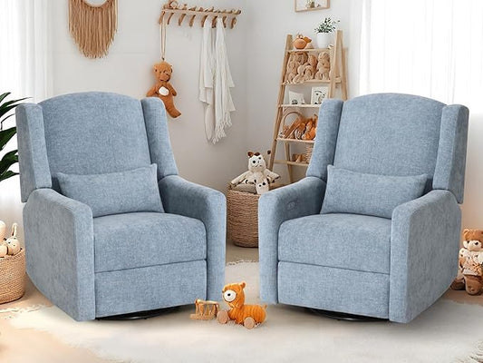 Power Recliner Chair Swivel Glider Large Rocker Recliner w/USB Charging Port Chenille Upholstered Nursery Glider for Bedroom NurseryLiving Room Set of 2 Blue