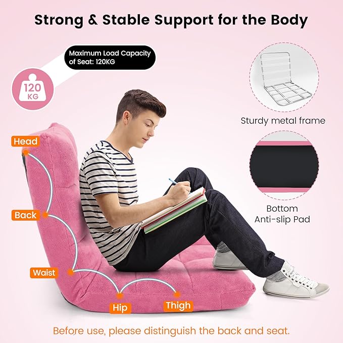 Moccha 14-Position Floor Chair Folding Sofa Chair with Back Support Memory Foam Floor Gaming Chairs for Adults Adjustable Padded Couch Recliner Sleeper Bed for Reading Meditating Pink