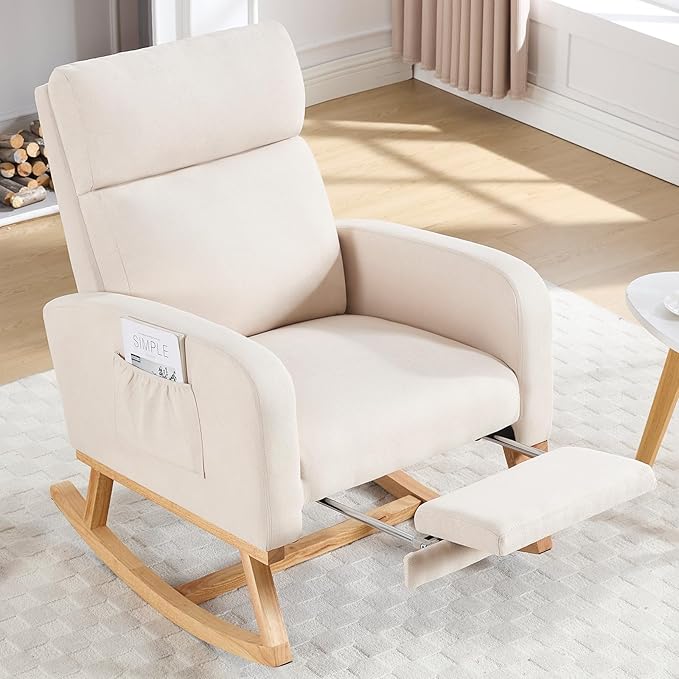 Rocking Chair Nursery Nursing Rocking Chairs with Foot Rest for Mom Nursery Glider Rocker Chair with Footrest and High Backrest for Living Room Bedroom Beige