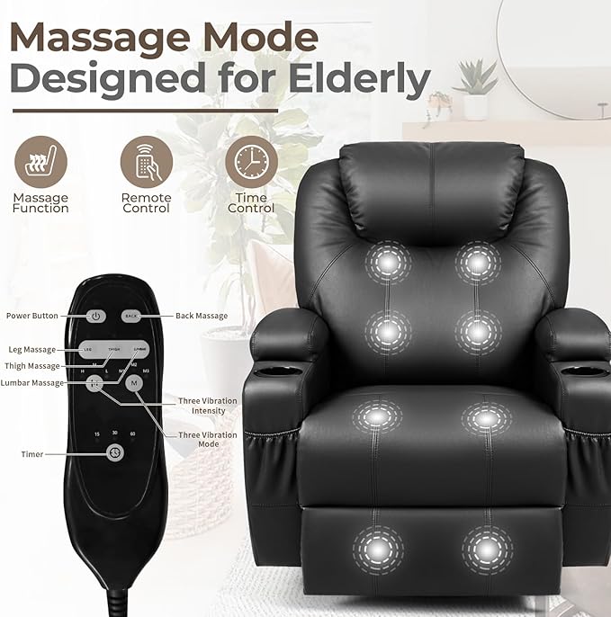 Furniwell Rocker Recliner Chair with Massage for Elderly Leather Adjustable 360°Swivel Rocking Sofa for Living Room with Remote Control Cup Holders (Black)
