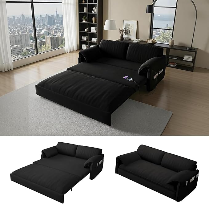 Gexpusm Futon Sofa Bed Queen Size3-in-1 Convertible Sleeper SofaPull Out Bed with Side PocketLoveseat CouchModern Futon Couch for Living RoomSmall SpaceApartmentBedroom (Black Velvet 61) | Fu