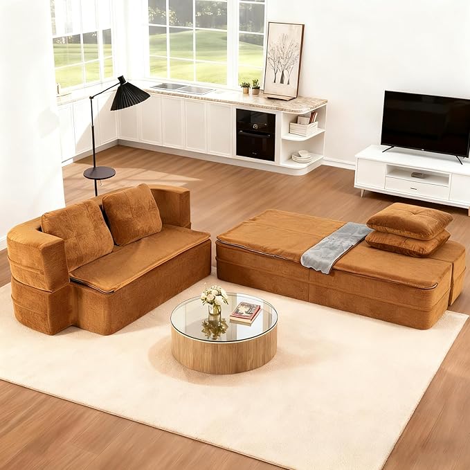 78 Convertible Sofa Bed with Blanket Boneless Cloud Couch Queen Scott Fabric for Living Room Bedroom Modular Loveseat with High-Density Solid Sponge No Assembly Brown